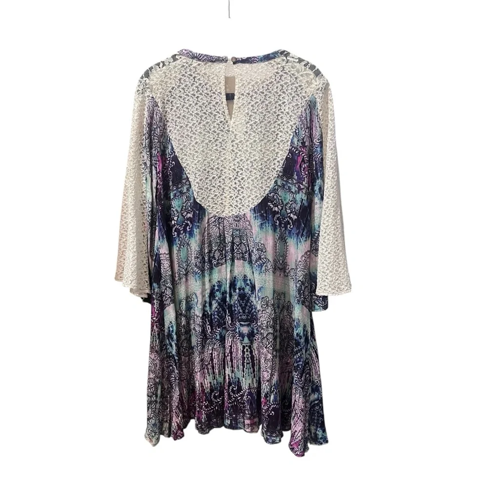 Umgee Blue  Purple Paisly Patterned Mini Dress Lace Bell Sleeves Boho Hippie‎ S